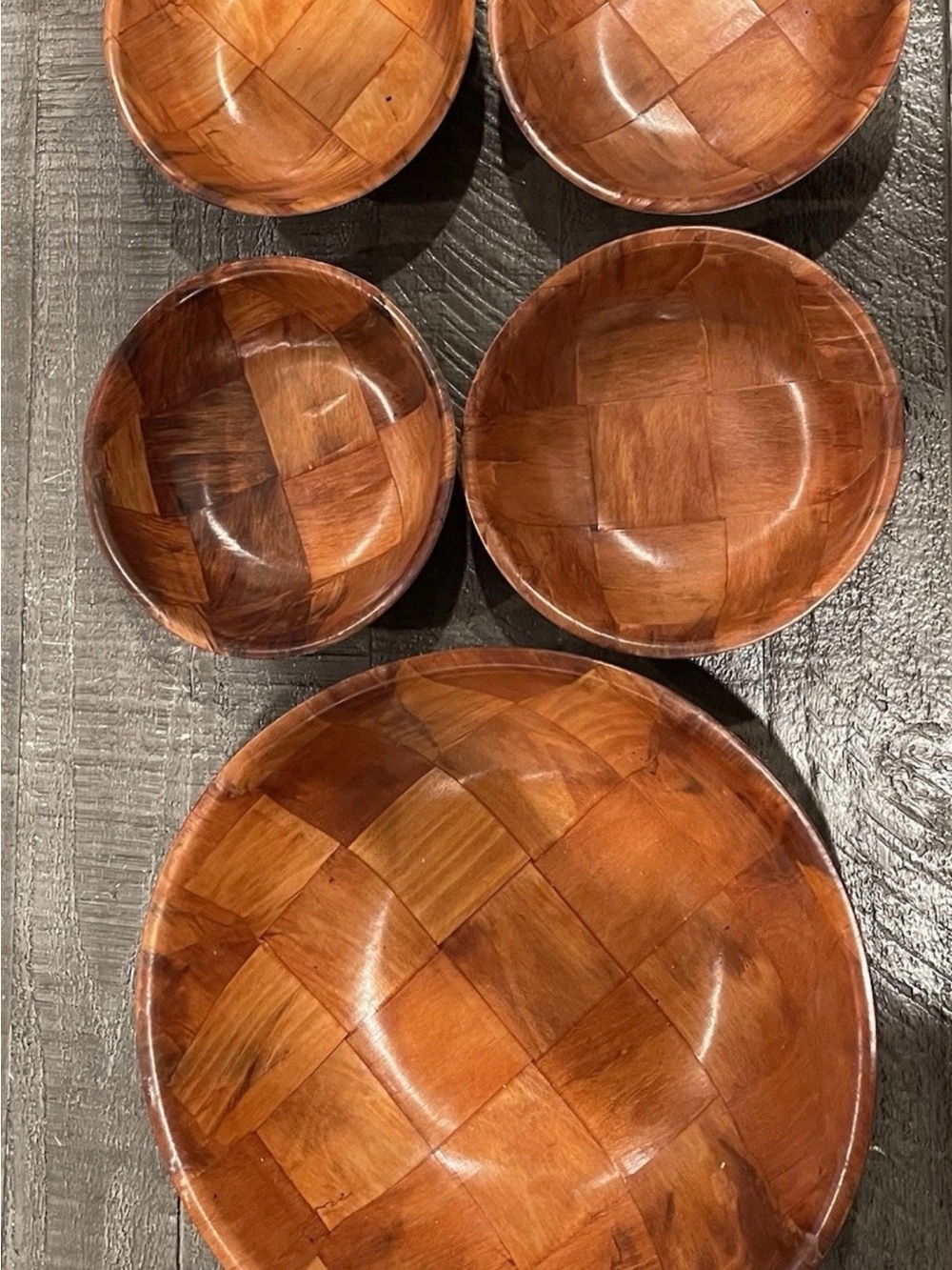 Vintage Mid-Century Modern Parquet Wood Salad Bowl Set - 1 Large & 4 Small Bowl